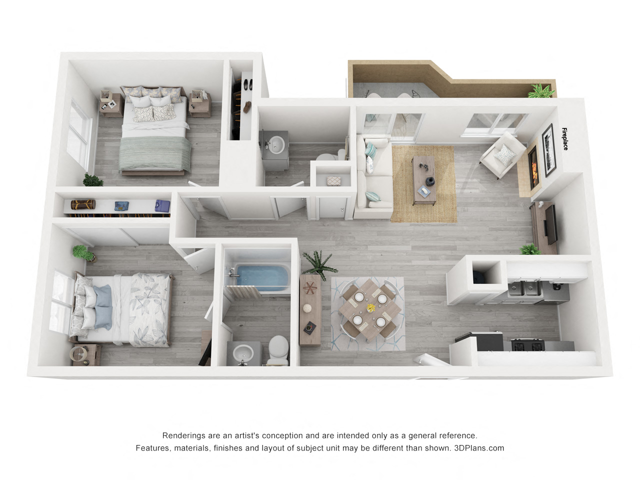 Floor plan for 2 beds, 2 baths, 940 sqft